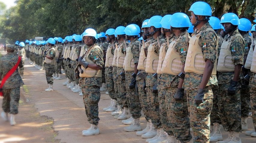 UN soldiers trying out new peacekeeing uniforms.
