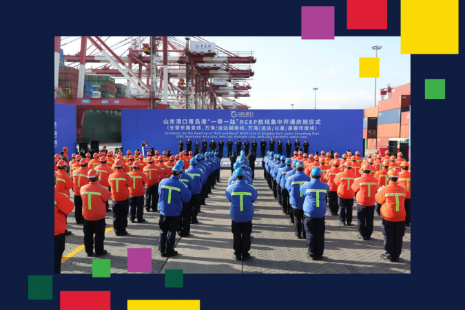 Workers attend the ceremony for the Opening of 'Belt and Road' RCEP Line at Qingdao Port, China on January 19, 2021