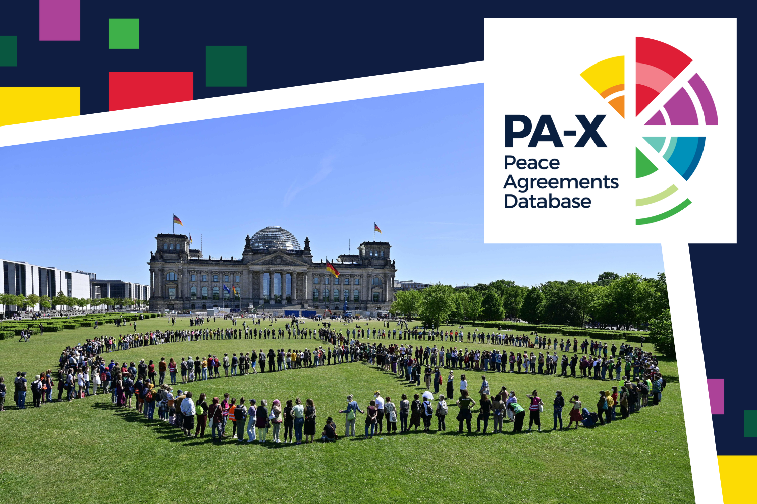 PA-X Database logo with photo in the background of activists standing together to form a peace sign on the meadow in front of the Reichstag building, Berlin.