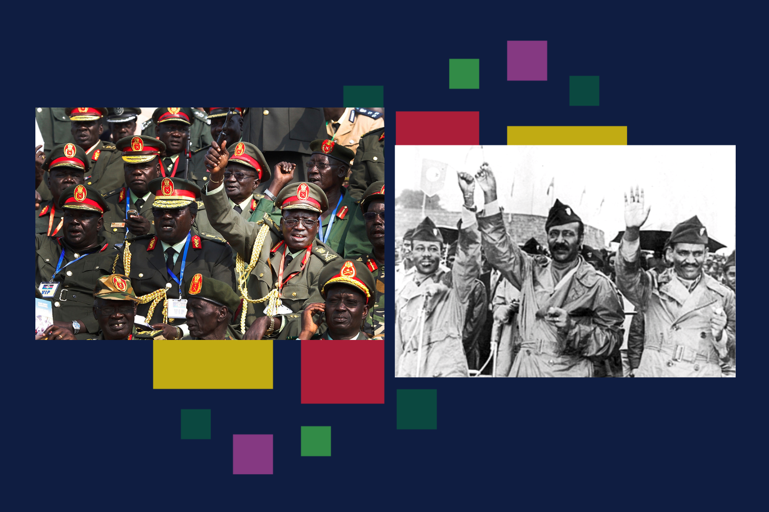 Photographs of 1) high-ranking SPLA officers at the South Sudan independence celebrations in 2011, and 2) Ethiopia's Colonel Mengistu Haile Mariam with senior Derg members Tafari Benti and Atnafu Abate in 1974.