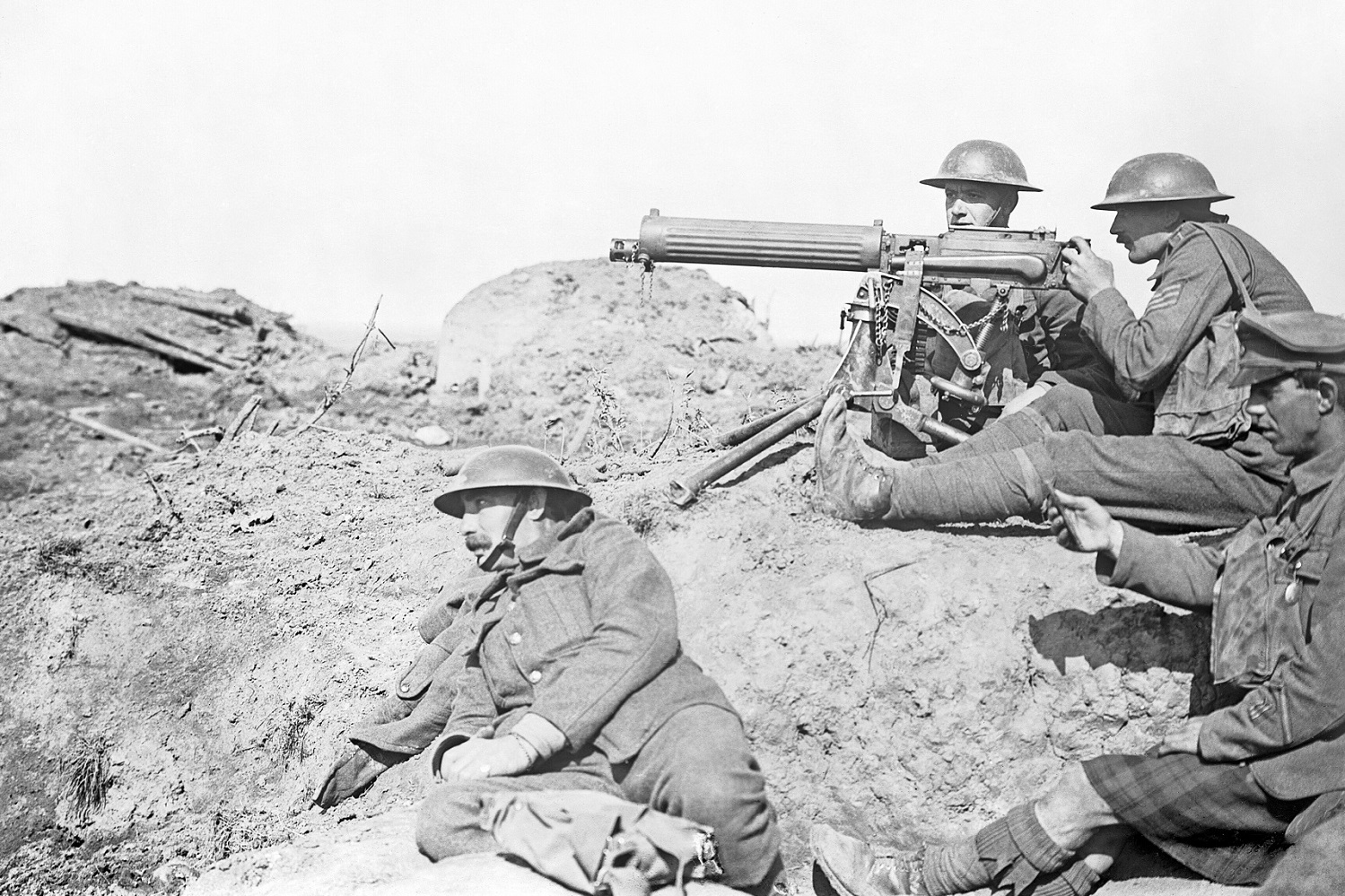 British Vickers machine gun crew during the Battle of Menin Road Ridge, World War I (Ypres Salient, West Flanders, Belgium). (Source: Ernest Brooks, Public domain, via Wikimedia Commons.)