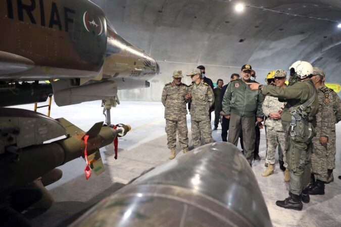 Iranian Armed Forces Chief of Staff Maj.-Gen. Mohammad Bagheri, Iran's Army chief, Maj.-Gen. Abdolrahim Mousavi and military officials visit the first underground air force base, called "Eagle 44" in Iran February 07, 2023. (Photo by Iranian Army / Handout/Anadolu Agency via Getty Images)