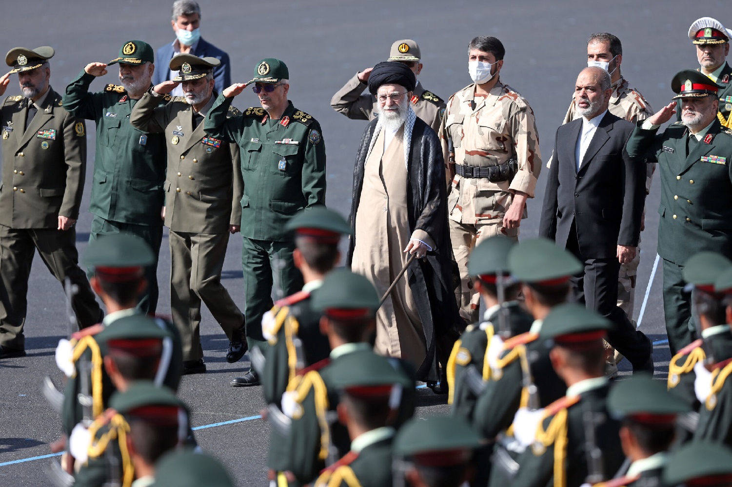 Iranian Supreme Leader Ali Khamenei attends the joint graduation ceremony of armed forces cadets at Imam Hussein Military University in Tehran, Iran on 3 October 2022. Photo by Iranian Leader Press Office / Handout / Anadolu Agency via Getty Images