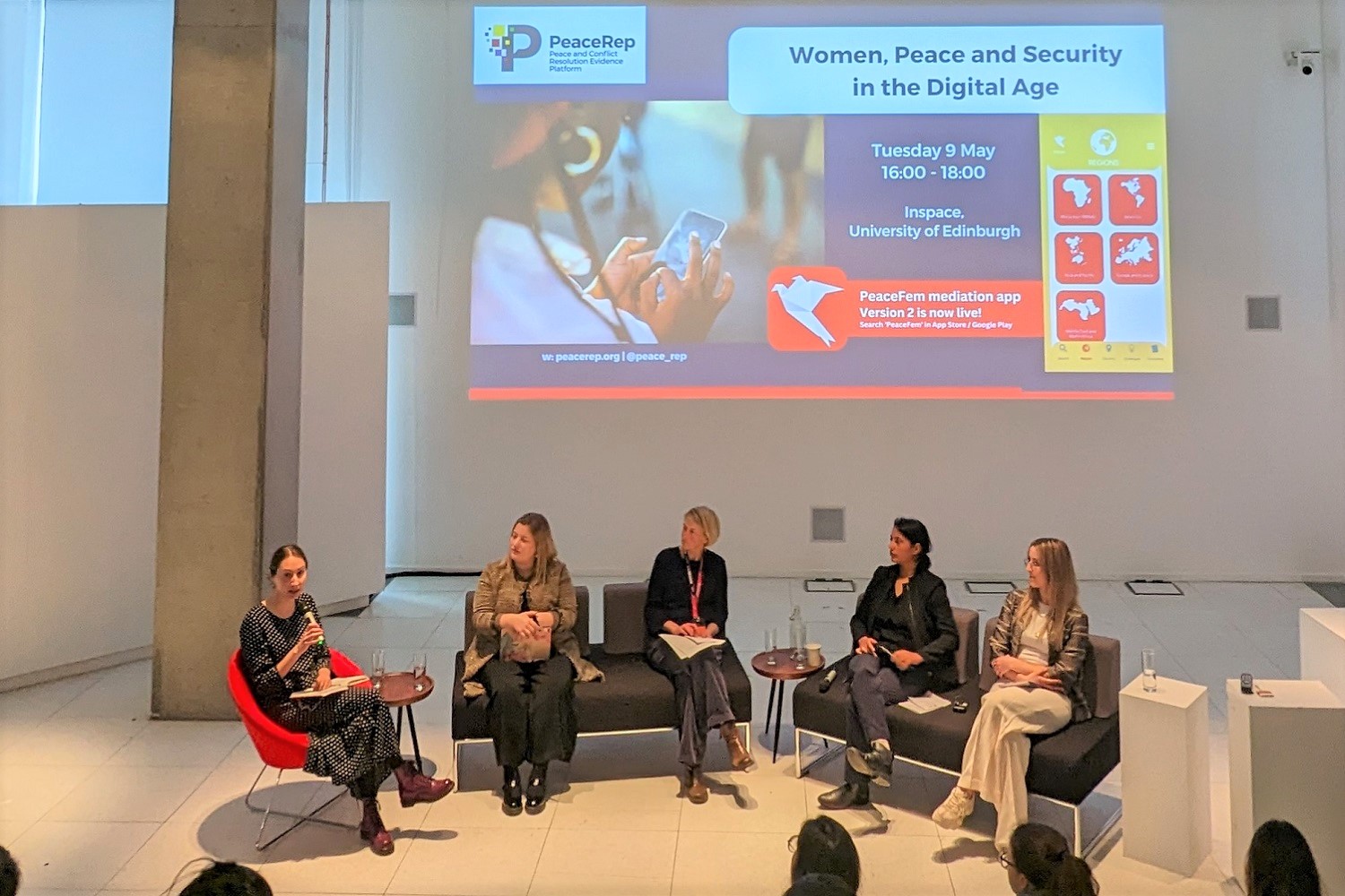 Panelists at the "Women, Peace and Security in the Digital Age" event on 9 May 2023, at Inspace, University of Edinburgh