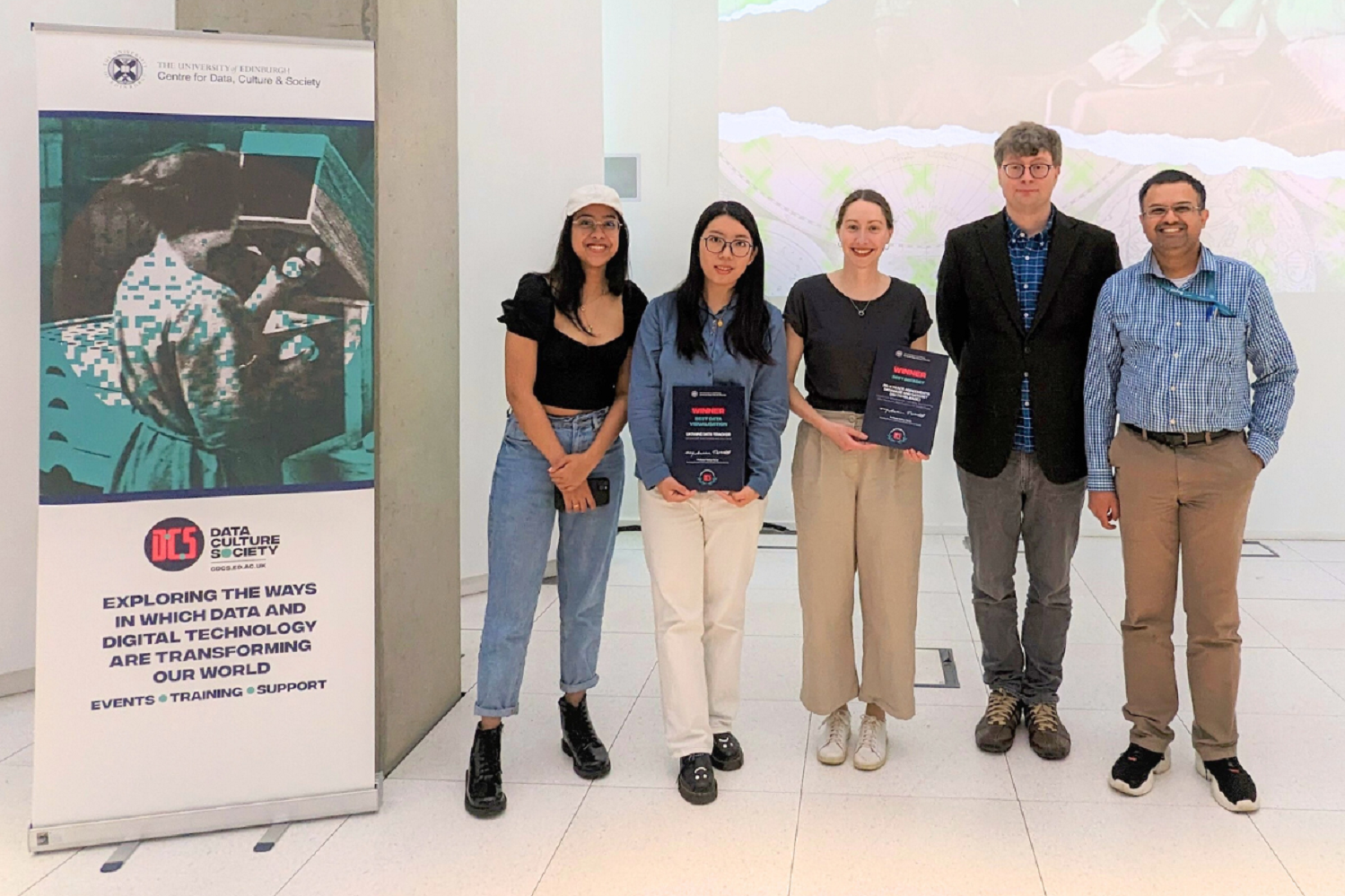 PeaceRep team members (L-R) Shivangi Bansal, Jinrui Wang, Laura Wise, Adam Farquhar, and Devanjan Bhattacharya at the 2023 Centre for Data, Culture & Society's Digital Research Prizes event (May 2023)