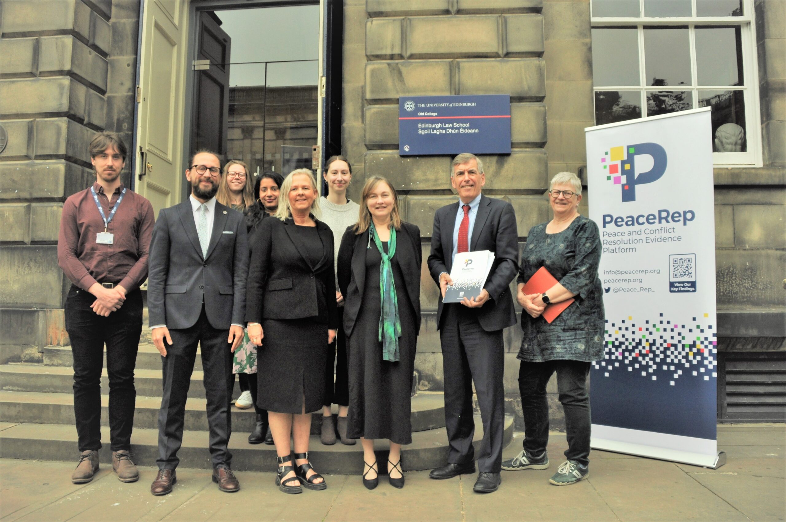 Members of the PeaceRep Edinburgh team with Minister David Rutley, Fiona Lappin (FCDO), and Jo Shaw (Head of School) at Edinburgh Law School, 5 June 2023
