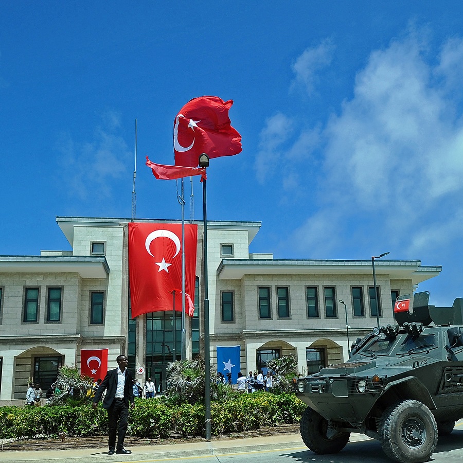 View of the Turkish embassy in Mogadishu, Somalia in June 2016, with the Turkish flag flying from the building and from a flagpole