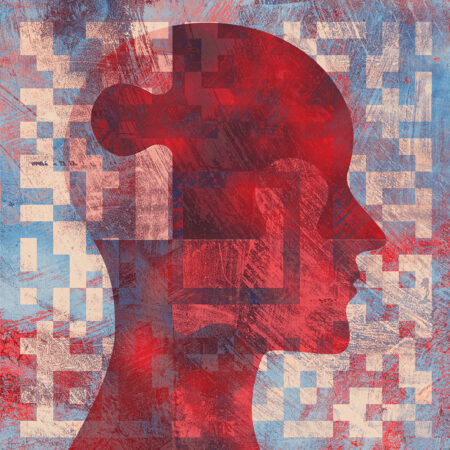 Abstract illustration of a person's head in profile and a puzzle