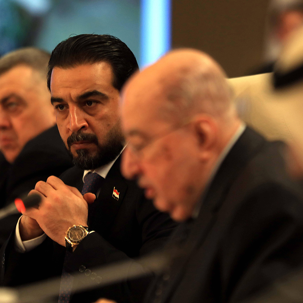 Iraqi Parliament Speaker Mohammed al- Halbousi attends an emergency session of the Arab Inter-Parliamentary Union (APU) in Amman, Jordan, 8 February 2020.