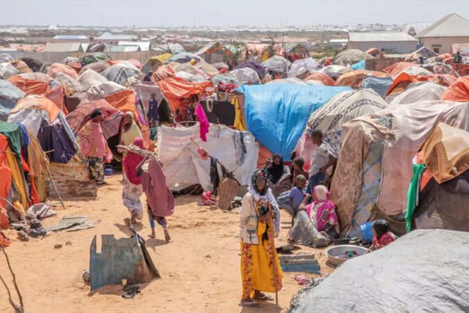 People displaced by five seasons of drought settle in an informal camp in Baidoa, central Somalia, in 2022.