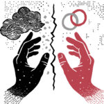 Illustration showing two hands divided by line with abstract shapes