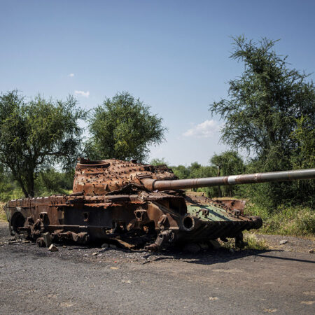 The charred remains of a tank