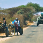 An armoured vehicle of the African Union (AU) peacekeeping force patrols the streets of Kismayo