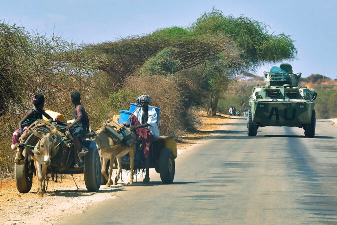 An armoured vehicle of the African Union (AU) peacekeeping force patrols the streets of Kismayo