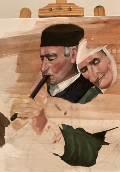 An unfinished painting on an easel of a man and a woman