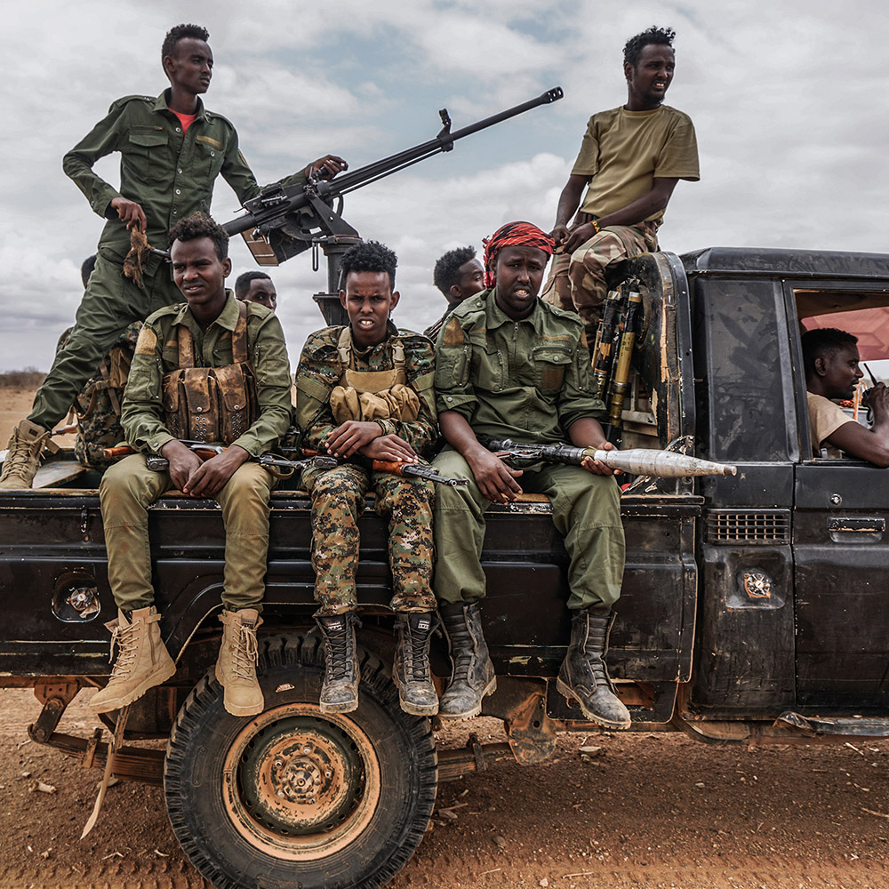 A vehicle with Somali National Army soldiers on patrol