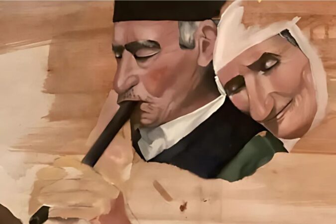 An unfinished painting of a man and woman