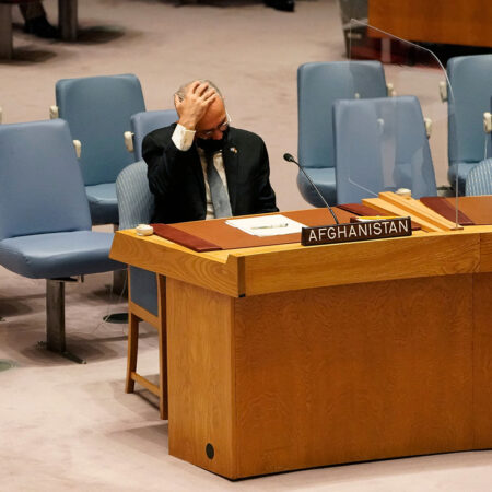 Permanent Representative of Afghanistan to the United Nations holds head in hands