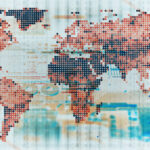 A world map made up of digital elements