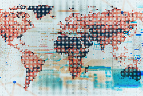 A world map made up of digital elements