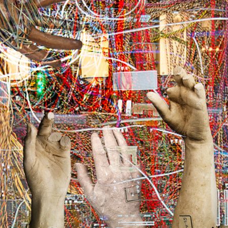 This abstract image portrays a fractured and cracked array of stone, with hands reaching out from a chaotic tangle of wires.
