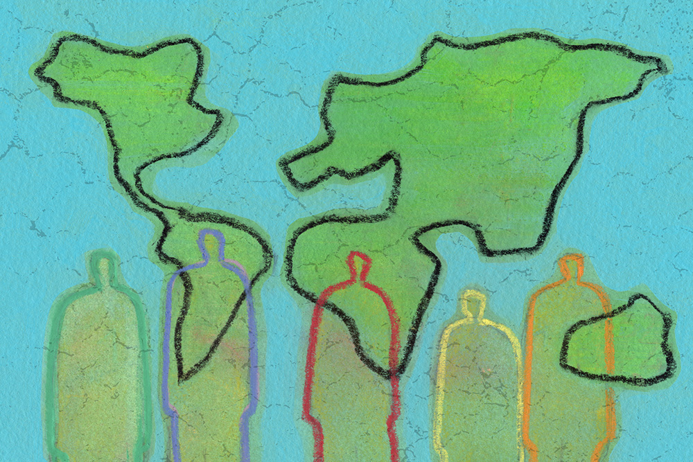 Abstract world map with outline of human figures overlaid